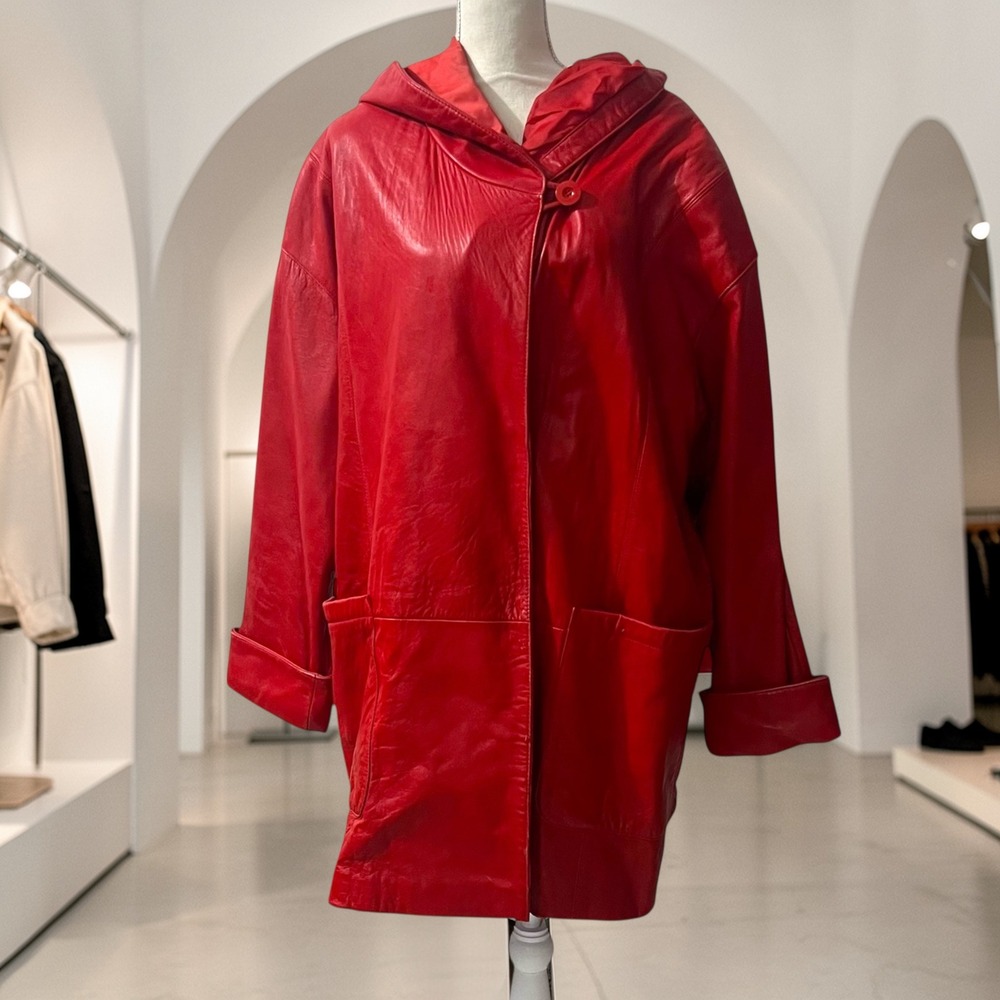 Ms Maxima Hooded Red Leather‎ A Line Swing Coat Vintage Car Coat Size Large